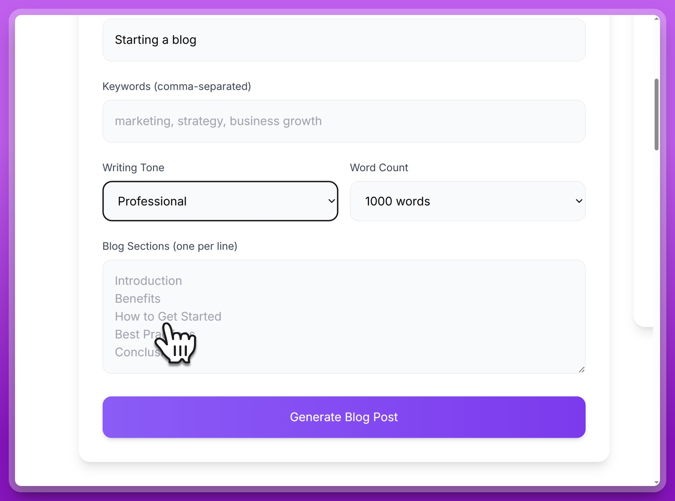 Step 3: Select writing tone and word count preferences for your blog post